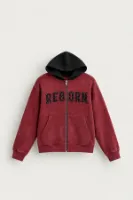 Reborn - Kırmızı - Oversize Fit Fermuarlı - Kapüşonlu Erkek Sweatshirt