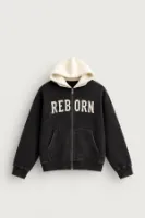 Reborn - Siyah - Oversize Fit Fermuarlı - Kapüşonlu Erkek Sweatshirt