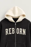 Reborn - Siyah - Oversize Fit Fermuarlı - Kapüşonlu Erkek Sweatshirt