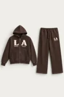 LA Ravage - Kahverengi - Oversize Fit - Fermuarlı Erkek Ceket ve Erkek Eşofman Takımı